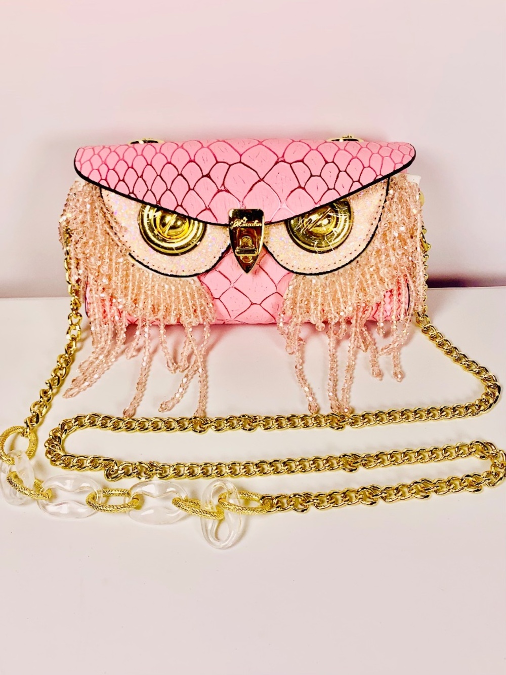 Whimsical Pink beaded Owl Face evening clutch crossbody snake print gold chain